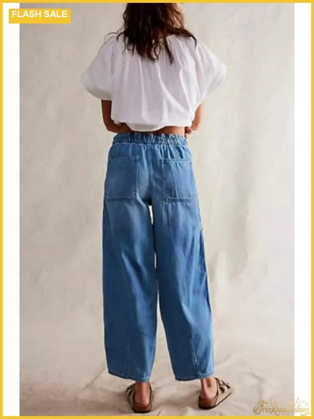 Women's Wide Leg Cropped Jeans Elastic Waist Drawstring High Rise Denim Pants